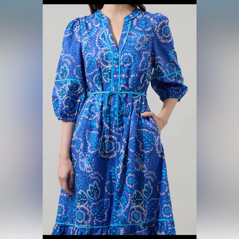 Kenner Floral Melia Shirt Midi Dress Blue Cream Multi - Picture 5 of 10
